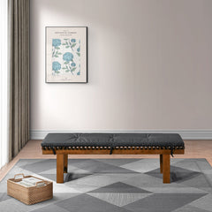 Dining Bench, Seating for Two, Black Faux Leather with Solid Wood Legs