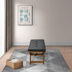 Dining Bench, Seating for Two, Black Faux Leather with Solid Wood Legs