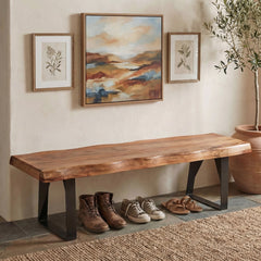 Dining Bench, Seats 2, Solid Sheesham Wood with Black Iron Legs