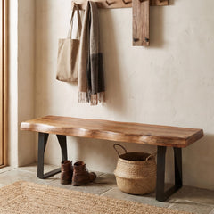 Dining Bench, Seats 2, Solid Sheesham Wood with Black Iron Legs