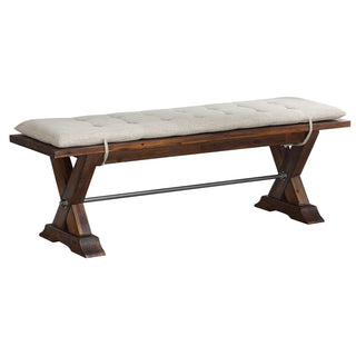 Dining Bench, Seats 3, Tufted Beige Upholstery with Acacia Wood X-Legs