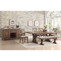 Dining Bench, Seats 3, Tufted Beige Upholstery with Acacia Wood X-Legs