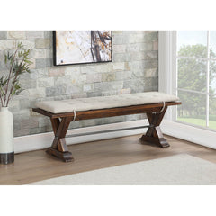 Dining Bench, Seats 3, Tufted Beige Upholstery with Acacia Wood X-Legs