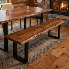 Dining Bench, Solid Acacia Wood, 63 Inch, Black and Brown, Iron Sled Legs