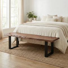 Dining Bench, Solid Acacia Wood, 63 Inch, Black and Brown, Iron Sled Legs