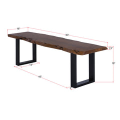 Dining Bench, Solid Acacia Wood, 63 Inch, Black and Brown, Iron Sled Legs