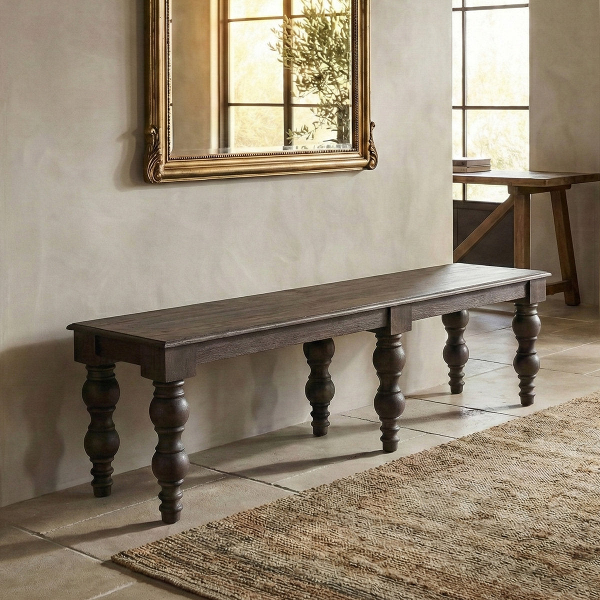 Dining Bench, Solid Mango Wood with Turned Legs, Coffee Brown