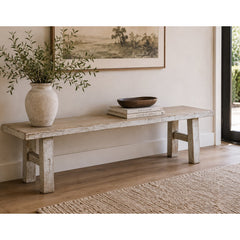 Dining Bench, Solid Pine Wood with Squared Legs, Antique Off White