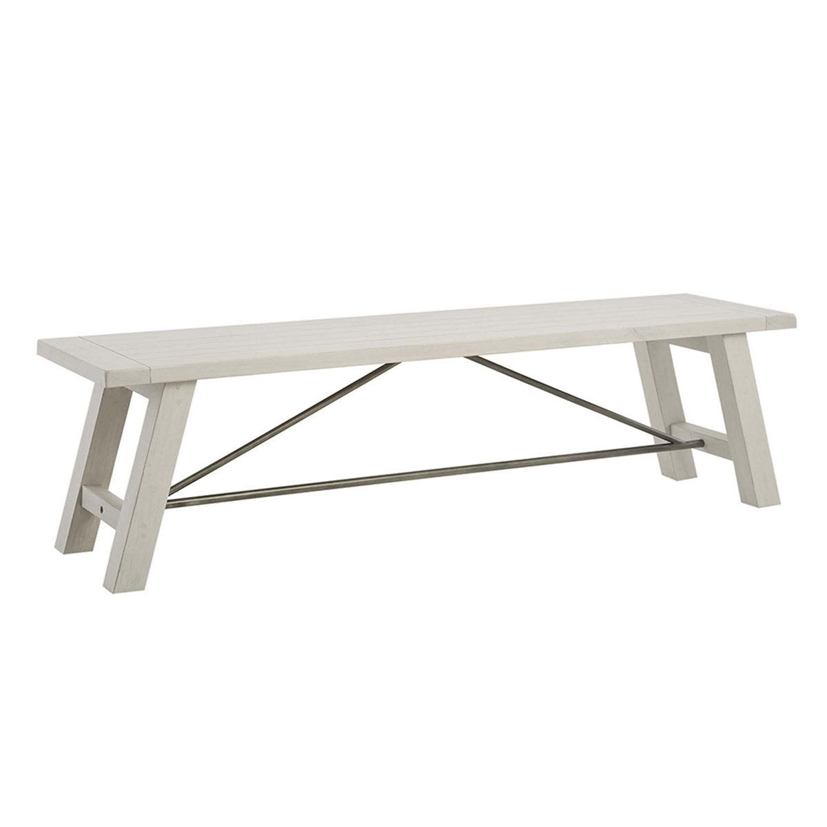 Dining Bench, Solid Wood with Black Metal Stretchers, Reclaimed White