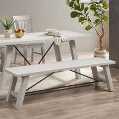 Dining Bench, Solid Wood with Black Metal Stretchers, Reclaimed White