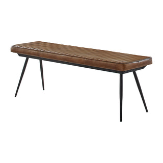 Dining Bench, Tufted Brown Leather with Black Iron Legs