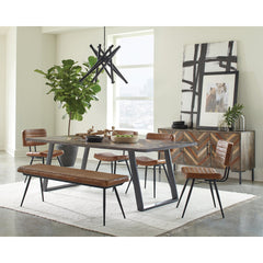 Dining Bench, Tufted Brown Leather with Black Iron Legs