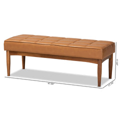 Dining Bench, Tufted Faux Leather, Tan/Brown with Wood Legs