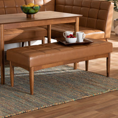 Dining Bench, Tufted Faux Leather, Tan/Brown with Wood Legs