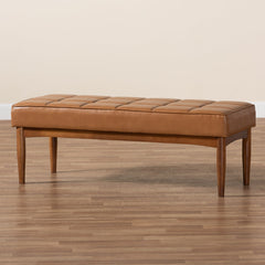 Dining Bench, Tufted Faux Leather, Tan/Brown with Wood Legs