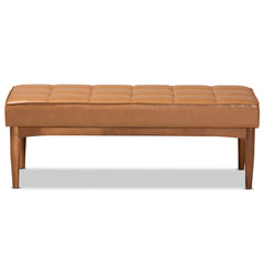 Dining Bench, Tufted Faux Leather, Tan/Brown with Wood Legs