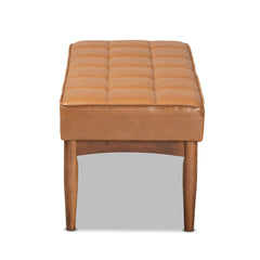 Dining Bench, Tufted Faux Leather, Tan/Brown with Wood Legs