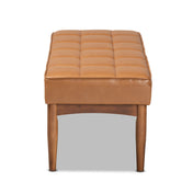 Dining Bench, Tufted Faux Leather, Tan/Brown with Wood Legs