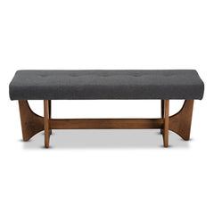 Dining Bench, Tufted Polyester in Dark Gray with Walnut Finish Wood
