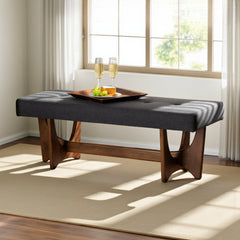 Dining Bench, Tufted Polyester in Dark Gray with Walnut Finish Wood
