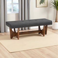 Dining Bench, Tufted Polyester in Dark Gray with Walnut Finish Wood
