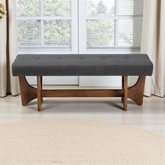 Dining Bench, Tufted Polyester in Dark Gray with Walnut Finish Wood