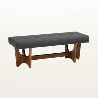 Dining Bench, Tufted Polyester in Dark Gray with Walnut Finish Wood
