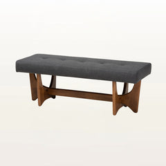 Dining Bench, Tufted Polyester in Dark Gray with Walnut Finish Wood