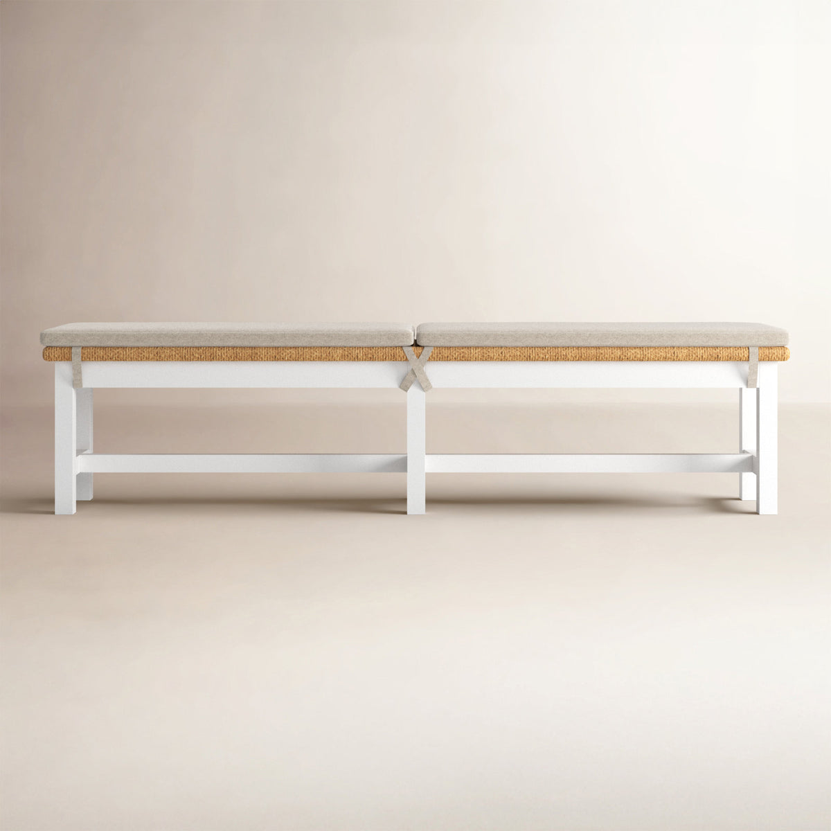 Dining Bench, Wicker and Solid Wood in White, Tan, and Gray