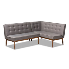Dining Bench with Back, Tufted Gray Polyester with Rubberwood Legs