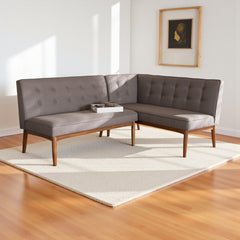 Dining Bench with Back, Tufted Gray Polyester with Rubberwood Legs