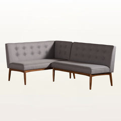 Dining Bench with Back, Tufted Gray Polyester with Rubberwood Legs