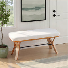 Dining Bench with Cream Polyester Seat and Natural Wood Legs