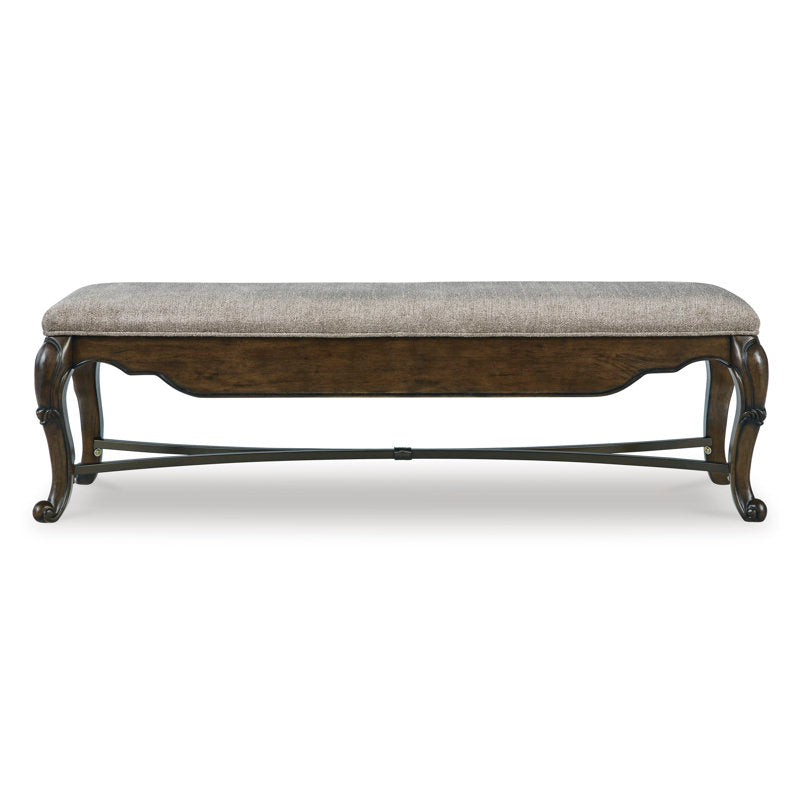 Dining Bench with Storage Drawer in Gray Polyester with Brown Wood Legs
