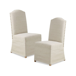 Dining Chairs, Set of 2, Beige Fabric, Bronze Nailhead Trim