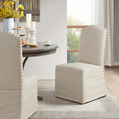 Dining Chairs, Set of 2, Beige Fabric, Bronze Nailhead Trim