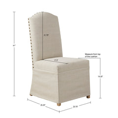 Dining Chairs, Set of 2, Beige Fabric, Bronze Nailhead Trim