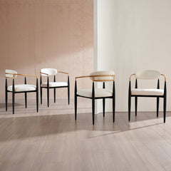 Dining Chairs, Set of 4, Beige Boucle with Black Metal Legs
