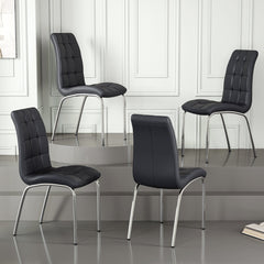Dining Chairs, Set of 4, Black Faux Leather, Silver Metal Legs