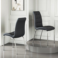Dining Chairs, Set of 4, Black Faux Leather, Silver Metal Legs