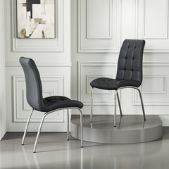 Dining Chairs, Set of 4, Black Faux Leather, Silver Metal Legs