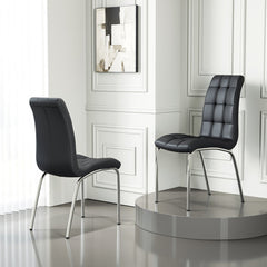 Dining Chairs, Set of 4, Black Faux Leather, Silver Metal Legs