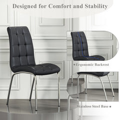Dining Chairs, Set of 4, Black Faux Leather, Silver Metal Legs