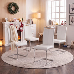 Dining Chairs, Set of 4, White Faux Leather with Chrome Legs