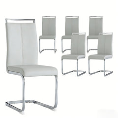 Dining Chairs, Set of 6, Light Gray Faux Leather with Metal Legs