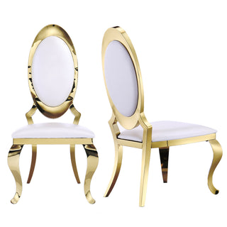 Dining Chairs, White Synthetic Leather, Gold Metal Frame and Legs
