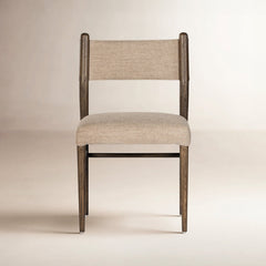 Dining Side Chair, Fawn Polyester Blend, Solid Oak Legs, Warm Oak Finish