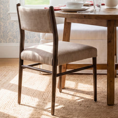 Dining Side Chair, Fawn Polyester Blend, Solid Oak Legs, Warm Oak Finish