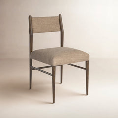 Dining Side Chair, Fawn Polyester Blend, Solid Oak Legs, Warm Oak Finish