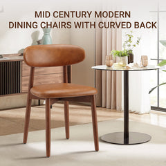 Dining Side Chairs, Set of 4, Brown Faux Leather with Solid Wood Legs